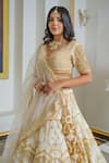 Tamaraa By Tahani_Gold Silk Organza Hand Embroidered Sequin Leaf Neck Vintage Bridal Lehenga Set _Online_at_Aza_Fashions