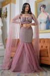 Tamaraa By Tahani_Purple Heavy Satin Hand Embroidered Sequin Notched Bead Mermaid Lehenga Set _Online_at_Aza_Fashions