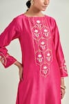 Anantaa By Roohi Fuchsia Silk, Chanderi Sequins, Embroidery Boat Neck Floral Kurta And Pant Set at Aza Fashions Anantaa By Roohi_Fuchsia Silk, Chanderi Sequins, Embroidery Boat Neck Floral Kurta And Pant Set _at_Aza_Fashions