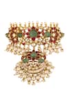 Shop_Riana Jewellery_Green Diamonds, Pearls, Stones Floral Jadau Necklace And Earring Set _at_Aza_Fashions