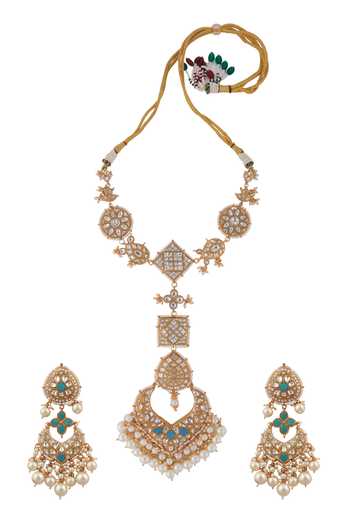 Buy_Riana Jewellery_Blue Beads, Pearls, Stones Mughal Cut Work Necklace Set _at_Aza_Fashions