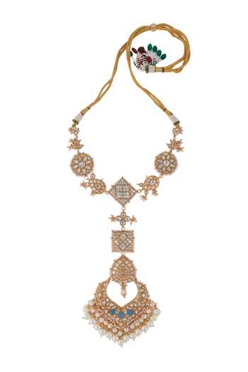 Shop_Riana Jewellery_Blue Beads, Pearls, Stones Mughal Cut Work Necklace Set _at_Aza_Fashions