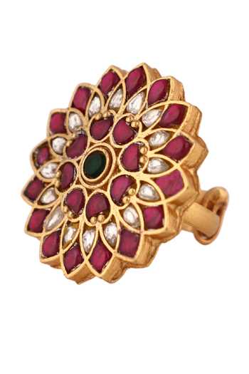 Shop_Riana Jewellery_Pink Stones Floral Embellished Ring _at_Aza_Fashions