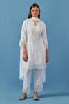 Buy_Sage Saga_White Cotton, Modal Embroidery, Lace Keyhole Crochet Applique Kurta Palazzo Set _at_Aza_Fashions