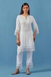 Sage Saga_White Cotton, Modal Embroidery, Lace Keyhole Crochet Applique Kurta Palazzo Set _Online_at_Aza_Fashions