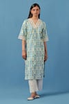 Sage Saga_Blue Lace, Linen Embroidery V-neck Floral Schiffli Kurta And Palazzo Set _Online_at_Aza_Fashions