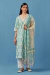 Buy_Sage Saga_Blue Muslin Embroidery V-neck Floral Print Kurta Palazzo Set _at_Aza_Fashions