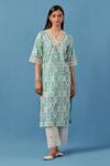 Sage Saga_Blue Muslin Embroidery V-neck Floral Print Kurta Palazzo Set _Online_at_Aza_Fashions