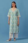 Buy_Sage Saga_Blue Muslin Embroidery V-neck Floral Print Kurta Palazzo Set _Online_at_Aza_Fashions