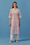 Buy_Sage Saga_Pink Lace, Cotton, Linen Embroidery V-neck Floral Schiffli Kurta And Palazzo Set _at_Aza_Fashions