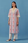 Sage Saga_Pink Lace, Cotton, Linen Embroidery V-neck Floral Schiffli Kurta And Palazzo Set _Online_at_Aza_Fashions