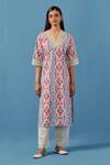 Sage Saga_Pink Muslin, Linen Embroidery V-neck Floral Schiffli Kurta Palazzo Set _Online_at_Aza_Fashions