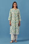 Buy_Sage Saga_Ivory Cotton, Linen Embroidery Round Neck Floral Crochet Kurta Set _at_Aza_Fashions