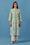 Sage Saga_Ivory Muslin, Linen, Lace Embroidery Round Floral Vine Print Kurta Palazzo Set _Online_at_Aza_Fashions