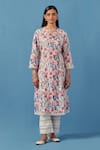 Sage Saga_Ivory Linen, Cotton, Muslin Embroidery Round Neck Floral Print Kurta Palazzo Set _Online_at_Aza_Fashions