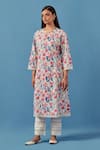 Buy_Sage Saga_Ivory Linen, Cotton, Muslin Embroidery Round Neck Floral Print Kurta Palazzo Set _Online_at_Aza_Fashions