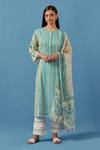 Buy_Sage Saga_Yellow Muslin, Lace Embroidery Round Neck Floral Stripe Kurta Set With Dupatta _at_Aza_Fashions