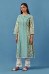 Buy_Sage Saga_Yellow Muslin, Lace Embroidery Round Neck Floral Stripe Kurta Set With Dupatta _Online_at_Aza_Fashions