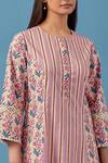 Shop_Sage Saga_Pink Muslin Embroidery Round Neck Floral And Stripe Print Kurta Set _Online_at_Aza_Fashions
