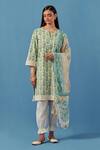 Buy_Sage Saga_Yellow Muslin, Lace, Linen Embroidery Round Badra Floral Print Kurta Pant Set _at_Aza_Fashions