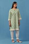 Sage Saga_Yellow Muslin, Lace, Linen Embroidery Round Badra Floral Print Kurta Pant Set _at_Aza_Fashions