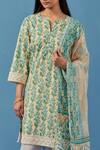 Buy_Sage Saga_Yellow Muslin, Lace, Linen Embroidery Round Badra Floral Print Kurta Pant Set 