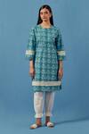 Sage Saga_Blue Muslin, Linen Embroidery Round Neck Barkha Floral Print Kurta Pant Set _Online_at_Aza_Fashions