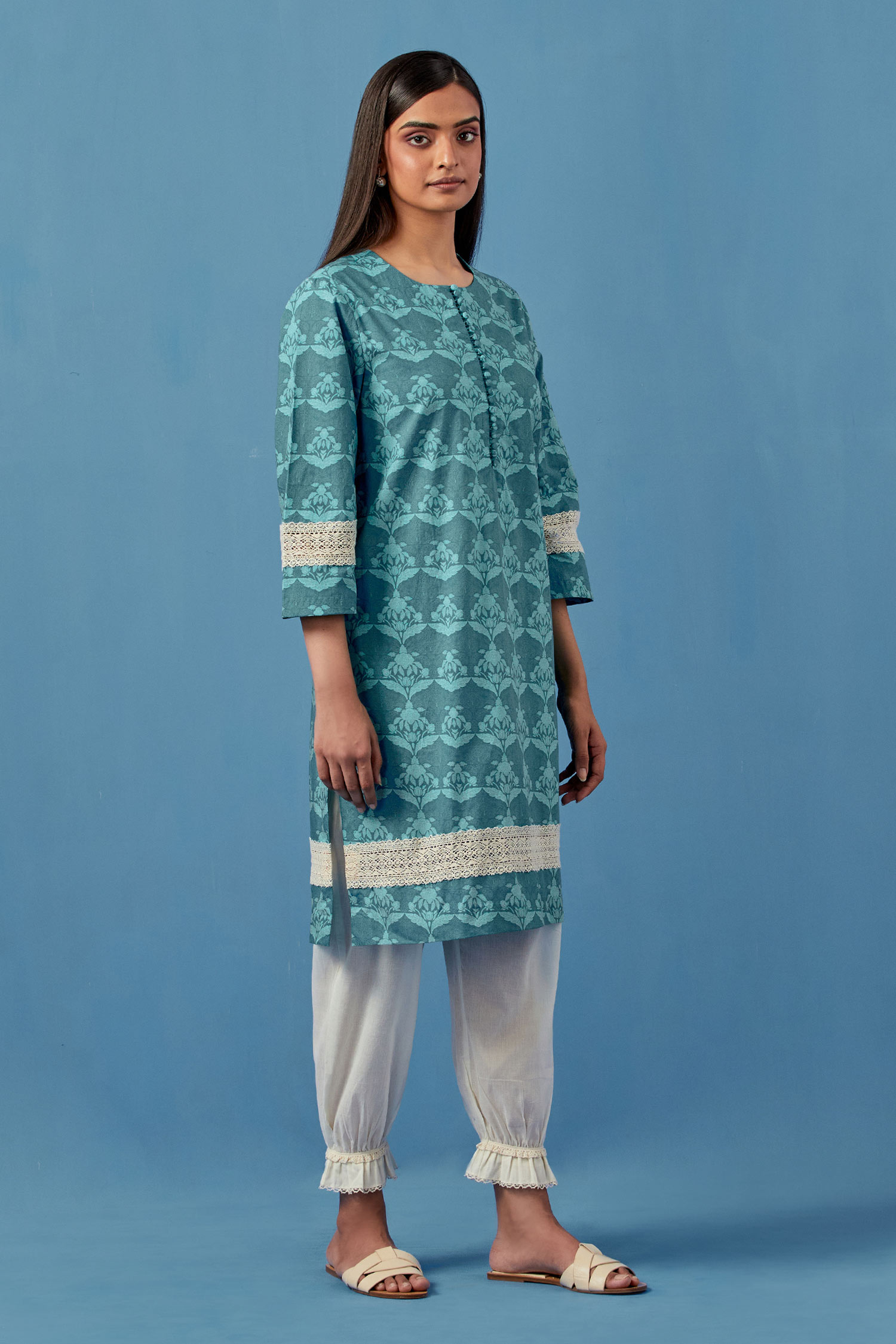 Buy_Sage Saga_Blue Muslin, Linen Embroidery Round Neck Barkha Floral Print Kurta Pant Set _Online_at_Aza_Fashions