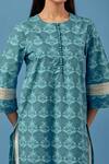 Shop_Sage Saga_Blue Muslin, Linen Embroidery Round Neck Barkha Floral Print Kurta Pant Set _Online_at_Aza_Fashions