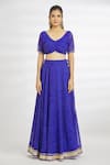 Samyukta Singhania_Blue Georgette Bandhani V Neck Lehenga Blouse Set_Online_at_Aza_Fashions