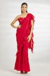 Buy_Samyukta Singhania_Red Georgette Plain Square Ruffled Sharara Pre-draped Saree With Blouse _at_Aza_Fashions