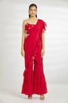 Samyukta Singhania_Red Georgette Plain Square Ruffled Sharara Pre-draped Saree With Blouse _Online_at_Aza_Fashions