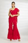 Buy_Samyukta Singhania_Red Georgette Plain Square Ruffled Sharara Pre-draped Saree With Blouse _Online_at_Aza_Fashions