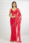 Buy_Samyukta Singhania_Red Shimmer Floral Mirror Work Saree _at_Aza_Fashions