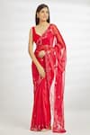 Samyukta Singhania_Red Shimmer Floral Mirror Work Saree _Online_at_Aza_Fashions