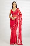 Shop_Samyukta Singhania_Red Shimmer Floral Mirror Work Saree _Online_at_Aza_Fashions