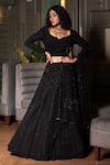 Shop_Midushi Bajoria_Black Georgette, Tulle, Silk Cut Work, Geometric Cutdana Embroidered Lehenga Set _at_Aza_Fashions