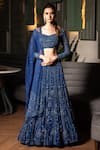 Buy_Midushi Bajoria_Blue Tulle Embroidered Cutdana Boat Floral Embellished Bridal Lehenga Set _at_Aza_Fashions