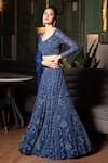 Midushi Bajoria_Blue Tulle Embroidered Cutdana Boat Floral Embellished Bridal Lehenga Set _at_Aza_Fashions