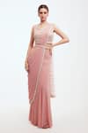 Buy_Onaya_Pink Lycra Net Embroidered Sequins V Neck Pre-draped Saree With Blouse_at_Aza_Fashions