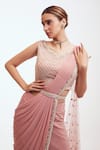 Shop_Onaya_Pink Lycra Net Embroidered Sequins V Neck Pre-draped Saree With Blouse_Online_at_Aza_Fashions