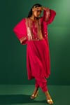 Shop_PRAHNAAYA_Fuchsia Satin Hand Embroidered Marrakech Yoke Kurta And Salwar Set  _at_Aza_Fashions