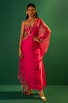 Buy_PRAHNAAYA_Pink Satin Hand Embroidered Mirror Dash Skirt Set With Half Cape  _at_Aza_Fashions