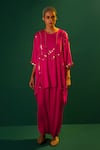 PRAHNAAYA_Fuchsia Satin Hand Embroidered Mirror Round Top And Pant Set _Online_at_Aza_Fashions