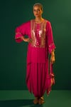 Buy_PRAHNAAYA_Fuchsia Satin Hand Embroidered Aseeman Tunic And Dhoti Skirt Set  _at_Aza_Fashions