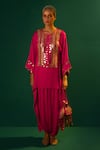 PRAHNAAYA_Fuchsia Satin Hand Embroidered Aseeman Tunic And Dhoti Skirt Set  _Online_at_Aza_Fashions