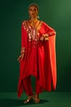 Buy_PRAHNAAYA_Red Satin Hand Embroidered Mirror V Neck Morrocon Kaftan And Pant Set _at_Aza_Fashions