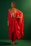 PRAHNAAYA_Red Satin Hand Embroidered Mirror V Neck Morrocon Kaftan And Pant Set _Online_at_Aza_Fashions