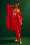 Buy_PRAHNAAYA_Red Satin Hand Embroidered Mirror V Neck Morrocon Kaftan And Pant Set _Online_at_Aza_Fashions