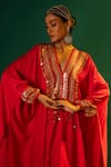 Shop_PRAHNAAYA_Red Satin Hand Embroidered Mirror V Neck Morrocon Kaftan And Pant Set _Online_at_Aza_Fashions